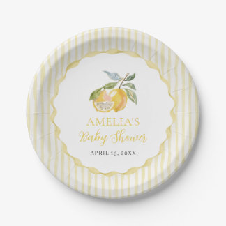 Yellow Lemon Citrus Stripes Baby Shower Pappteller