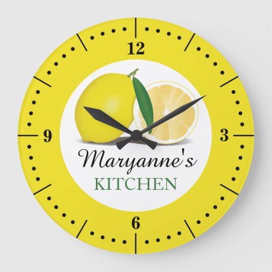 Yellow Lemon Farmhouse Küche Individuelle Name Große Wanduhr (Vorderseite)