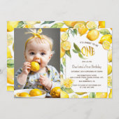 Yellow Lemon Fruit Citrus Erster Geburtstag Foto Einladung (Vorne/Hinten)