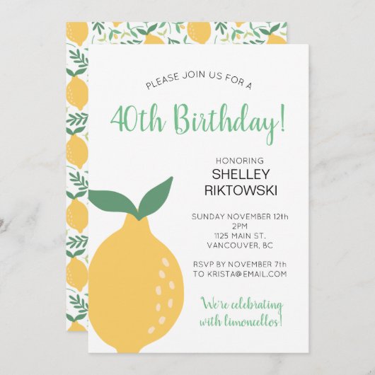 Yellow Lemon Limoncello Frauen zum Geburtstag Einladung (Vorne/Hinten)