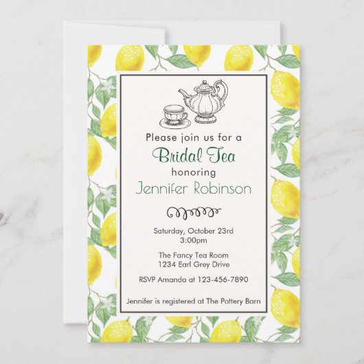Yellow Lemon Pattern Bridal Tee Einladung (Vorderseite)