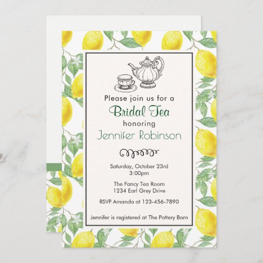 Yellow Lemon Pattern Bridal Tee Einladung (Vorne/Hinten)