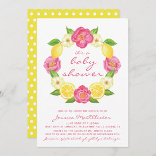 Yellow Lemon Pink Roses Wreath Girl Babydusche Einladung