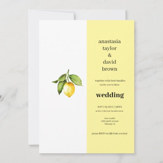 Yellow Lemon QR Code Hochzeitseinladung Einladung (Vorderseite)