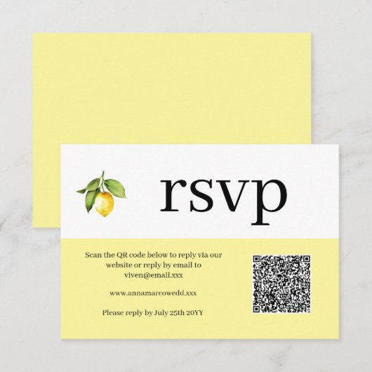 Yellow Lemon QR Code RSVP Card Karte (Vorne/Hinten)
