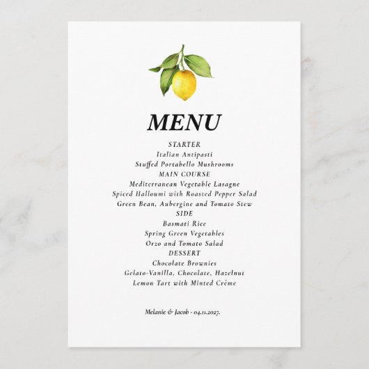 Yellow Lemon Wedding Menu Menükarte (Vorderseite)
