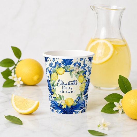 Yellow Lemons Blue Tile Lemon Babydusche Pappbecher