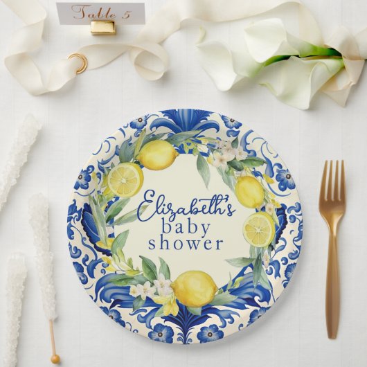 Yellow Lemons Blue Tile Lemon Babydusche Pappteller (Hochzeit)