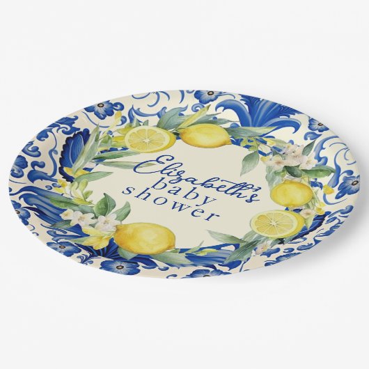 Yellow Lemons Blue Tile Lemon Babydusche Pappteller (Schrägansicht)