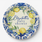 Yellow Lemons Blue Tile Lemon Babydusche Pappteller (Vorderseite)