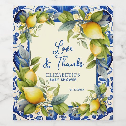 Yellow Lemons Blue Tile Lemon Babydusche Weinetikett (Einzelnes Label)