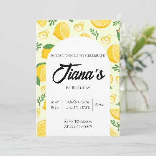Yellow Lemons Muster 1. Geburtstag Einladung (Stehend Vorderseite)