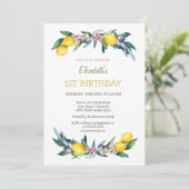 Yellow Lemons Olive Birthday Einladung (Stehend Vorderseite)