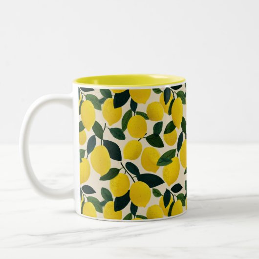 Yellow Lemons Pattern Citrus Fruit Mediterranean Zweifarbige Tasse (Links)