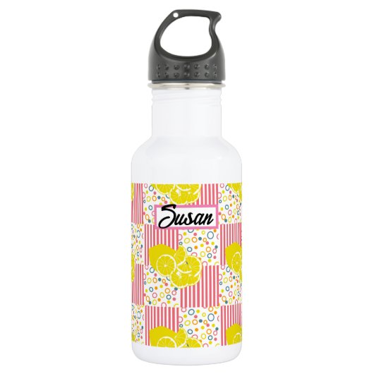 Yellow Lemons Pink Stripes Summer Edelstahlflasche (Vorderseite)