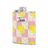 Yellow Lemons Pink Stripes Summer Flachmann (Links)