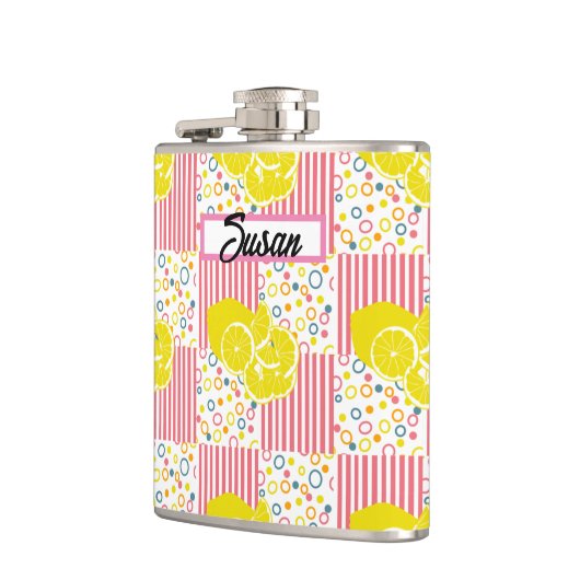 Yellow Lemons Pink Stripes Summer Flachmann (Links)