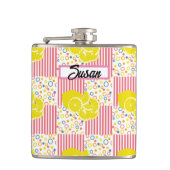 Yellow Lemons Pink Stripes Summer Flachmann (Vorderseite)