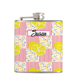 Yellow Lemons Pink Stripes Summer Flachmann