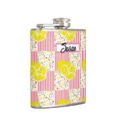 Yellow Lemons Pink Stripes Summer Flachmann (Rechts)