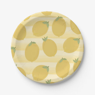 Yellow Lemons Summer Fruit Watercolor Stripe Party Pappteller