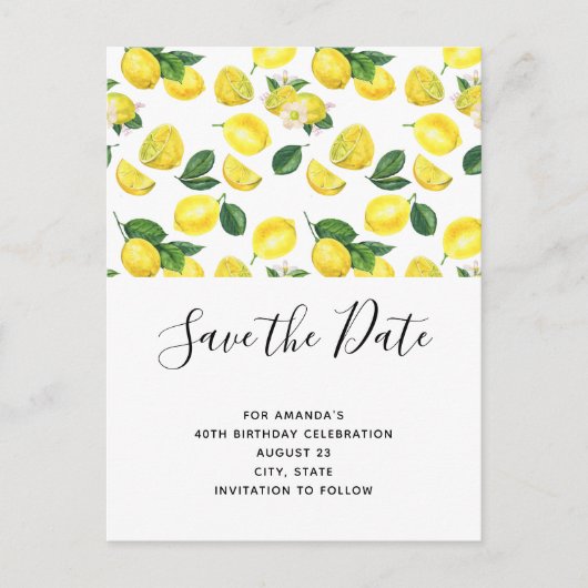 Yellow Lemons Wasserfarbmuster Save the Date Einladungspostkarte (Vorderseite)