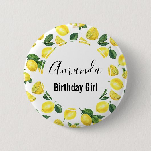 Yellow Lemons Watercolor Pattern Birthday Girl Button (Vorderseite)