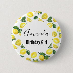 Yellow Lemons Watercolor Pattern Birthday Girl Button