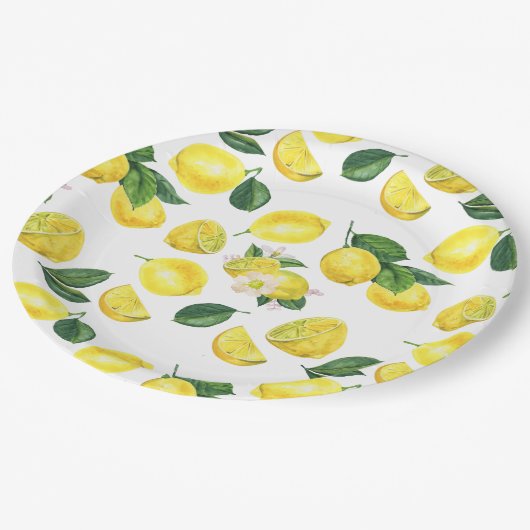 Yellow Lemons Watercolor Pattern Pappteller (Schrägansicht)