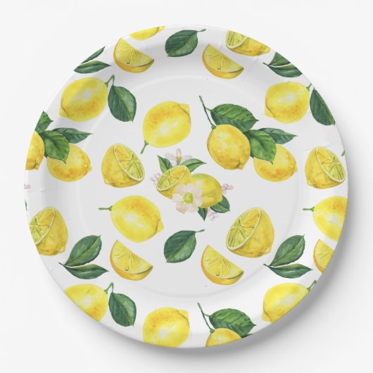 Yellow Lemons Watercolor Pattern Pappteller (Vorderseite)