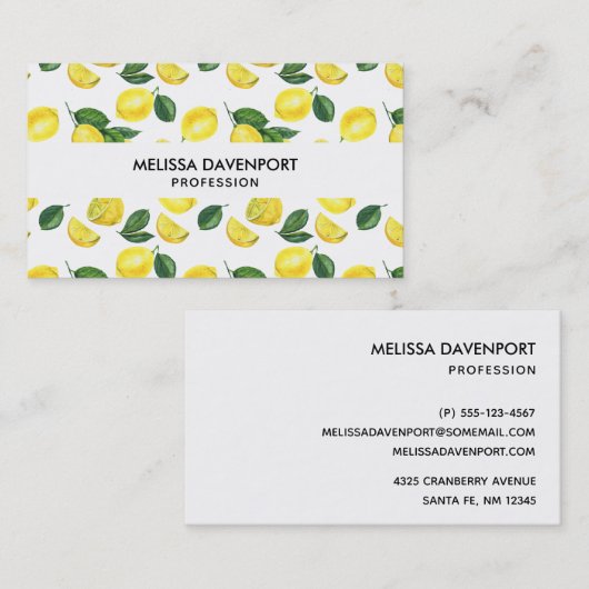 Yellow Lemons Watercolor Pattern Visitenkarte (Vorne/Hinten)