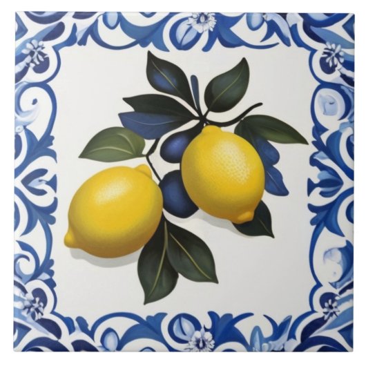 Yellow Lemons with Blue and White Border Fliese (Vorderseite)