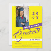 Yellow & Lila Modern Foto Graduation Party Einladung (Vorderseite)