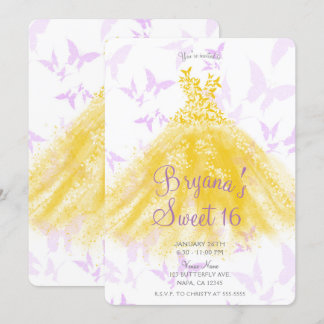 Yellow Lilac Butterfly Dance Dress Sweet 16 Party Einladung