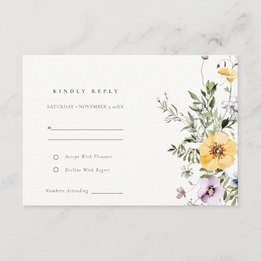 Yellow Lilac Wildblume Wreath Wedding RSVP Begleitkarte (Vorderseite)