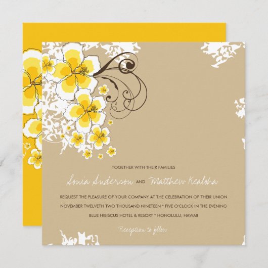 Yellow Luau Beach Hochzeit im tropischen Hibiskus Einladung (Vorne/Hinten)