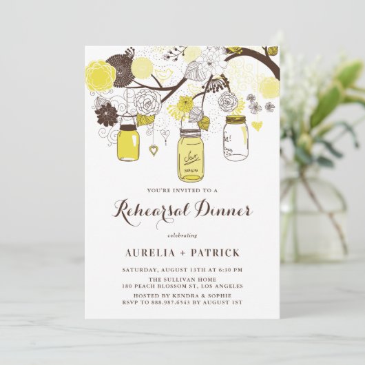 Yellow Mason Jars Probe Dinner Einladung (Stehend Vorderseite)