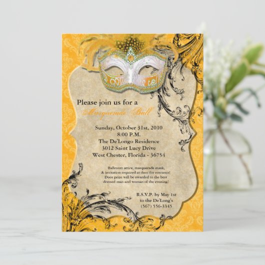 Yellow Masquerade Ball Maske Kostüm Halloween Teil Einladung (Stehend Vorderseite)