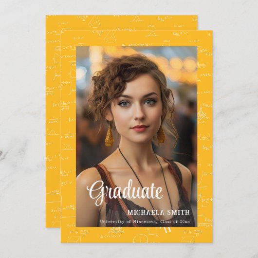 Yellow Math College Script Photo Graduation Ankündigung (Vorne/Hinten)