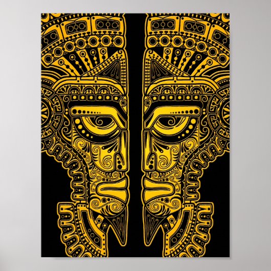 Yellow Mayan Twins Mask Illusion in Black Poster (Vorne)