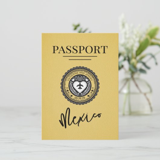 Yellow Mexico Passport Save the Date (Stehend Vorderseite)