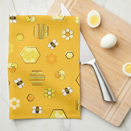 Yellow Midjahrhundert Retro Honey Bee Pattern Geschirrtuch (Viertel Falte)