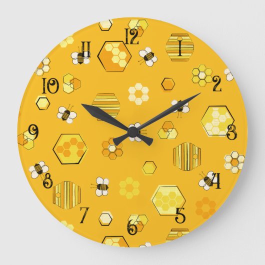 Yellow Midjahrhundert Retro Honey Bee Pattern Große Wanduhr (Vorderseite)