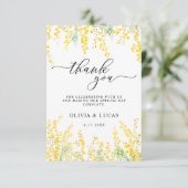 Yellow Mimosa Rustic Golden Floral Spring Wedding Dankeskarte (Stehend Vorderseite)
