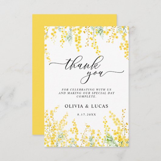 Yellow Mimosa Rustic Golden Floral Spring Wedding Dankeskarte (Vorne/Hinten)