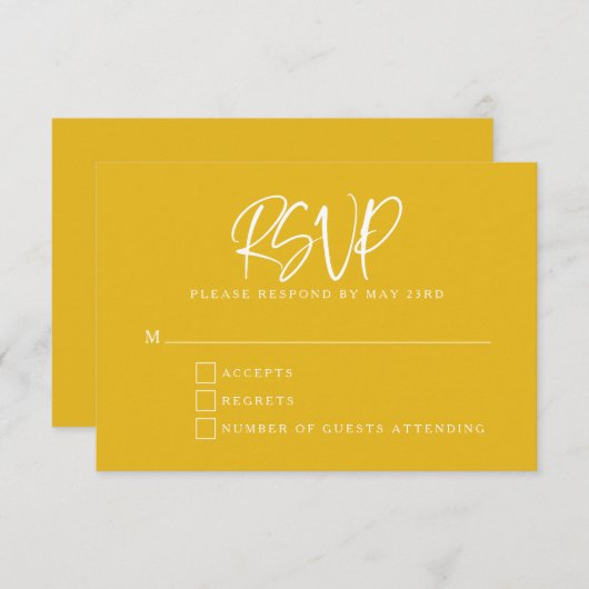 Yellow Modern Script Letters Wedding RSVP Card (Vorne/Hinten)