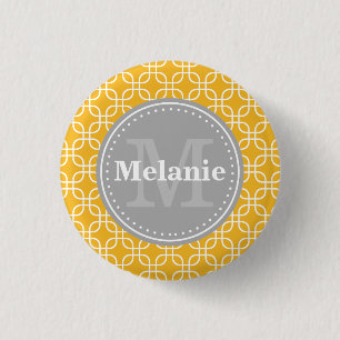 Yellow Modern Squares Pattern Grau Monogramm Button
