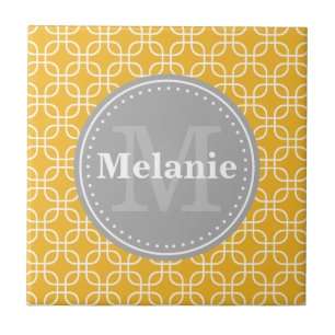 Yellow Modern Squares Pattern Grau Monogramm Fliese