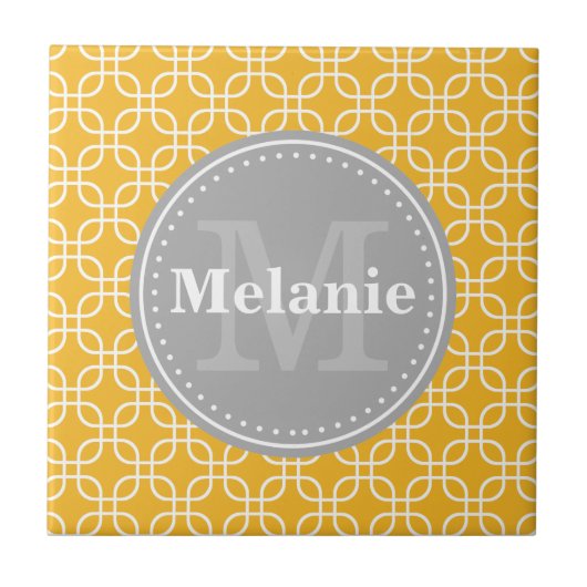 Yellow Modern Squares Pattern Grau Monogramm Fliese (Vorderseite)
