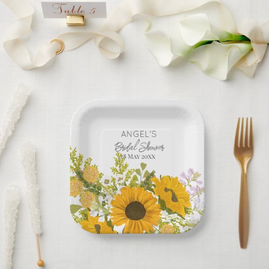 Yellow Modern Sunflowers Bouquet Bridal Shower Pappteller (Hochzeit)